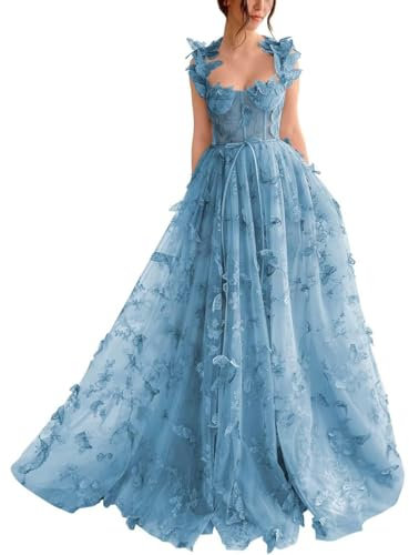 Générique Robes De Bal en Tulle pour Femmes Longue Robe De Bal en Dentelle avec des Appliques 3D Ligne A Papillon Robe De SoiréE Formelle avec Fente Dusty Blue XS