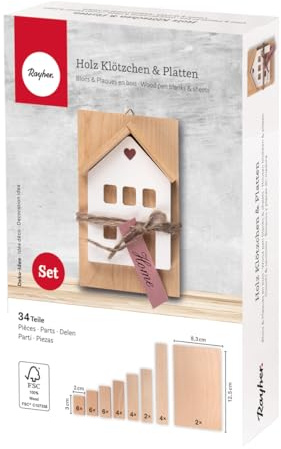 Rayher Klötzchen und Platten aus Holz, FSC zertifiziert, Box 34 Teile, 32 Holzleisten/Klötzchen, verschiedene Größen, 2 Holzplatten, Bastelklötzchen zum Basteln, Bastelstäbe, 46649505