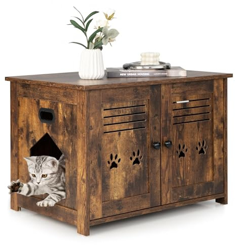 SOARS Katzenklo Schrank mit magnetischen Türen, 3 in 1 Katzenhaus | Katzenmöbel Kommode & Beistelltisch mit Eingang und Griff, 70 x 51,5 x 50,5cm, Vintagebraun