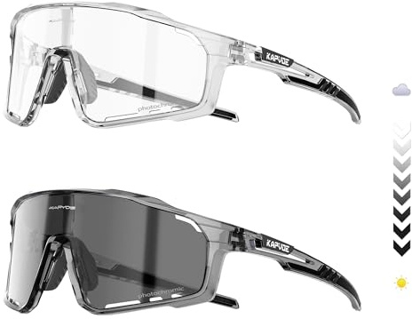 KAPVOE Vollrahmen Selbsttönende Fahrradbrille UV400 Herren Damen K76 | Linse & Rahmen photochromatisch, Linse klar zu Schwarz, UV400, 3-stufiges Nasenpad