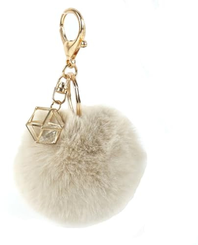 Wisafory Pompons Schlüsselanhänger mit Strass Kunstfell Taschenanhänger Flauschigen Plüsch Ball Keychain Schlüsselbund Bommel Anhänger Schlüsselring für Handtasche Schlüssel Beige 8cm