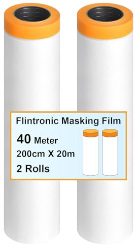 flintronic 2 Piezas 200cm*20m Cinta de Carrocero con Plastico, Cinta Enmascarar con Plastico, Plástico Cubretodo con Cinta de Carrocero, para Protector Pared Cubrir Muebles Pintor Película Antipolvo