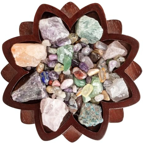 Cokritsm Wooden Lotus Design Crystal Organizer Tray | Lotus Design Decorative Display Bowl for Stones & Minerals, Aromatherapy Oil Holder with Natural Wood