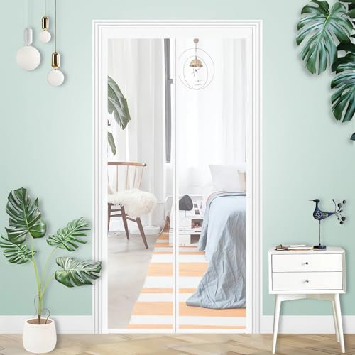 Magnettür, 85 x 200 cm (Breite x Höhe), Vorhang für Balkontür, Kellertür, Terrassentür, stärkere Magnete, selbstklebende Installation ohne Bohren, reinweiß
