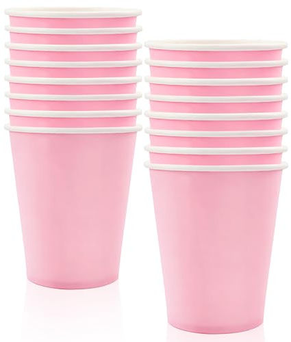 MORAINJAY 16Pcs Party Cups,Pink Paper Cups for Birthday, 9oz/250ml Solid Color Table Decors, Wedding, Picnic, Pink Party Supplies for 16 Guests