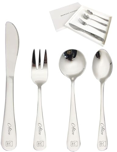 Personalized Cutlery Set for Kids Children Toddler Cutlery 4pcs Engraved Knife Fork Spoon Stainless Steel Cutlery Set Christening Christmas Gifts for Boy Kids Girls Cutlery Gifts (Bear)