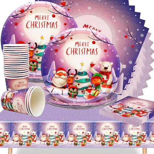 Stoviglie per Feste di Natale, Natale Stoviglie Carta Set, Set Decorazioni Natalizie con Piatti, Bicchieri, Tovaglia, Tovaglioli, Tema festivo