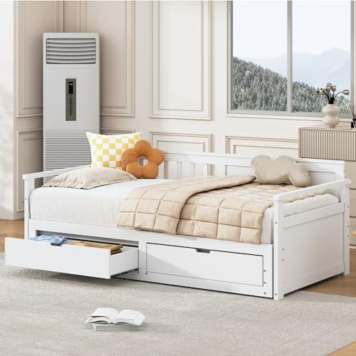 ANIROY Schlasofa, Multifunktionales 2 in 1 Daybett Tagesbett Sofabett mit Ausziehbett und Schubladen, ohne Matratze, Weiß