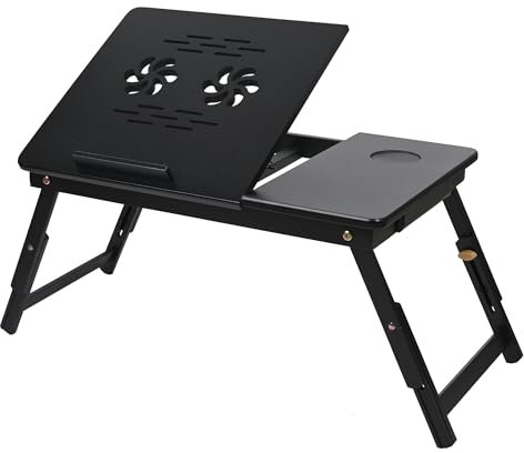 VASMIA Bambus Laptoptisch für Bett und Couch, Klapptisch, Frühstück Servierbach mit Klappbeinen, Höhenverstellbar, Bettregal, zusammenklappbar,schwarz