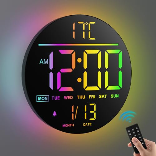 Maxstar 10 Large Digital Wall Clock with Remote Control,8 RGB Colors Big Modern LED Screen Display, Auto-Brightness, DST,Temperature,Alarm Wall Clock for Living Room, Bedroom, Kitchen Decor-Black