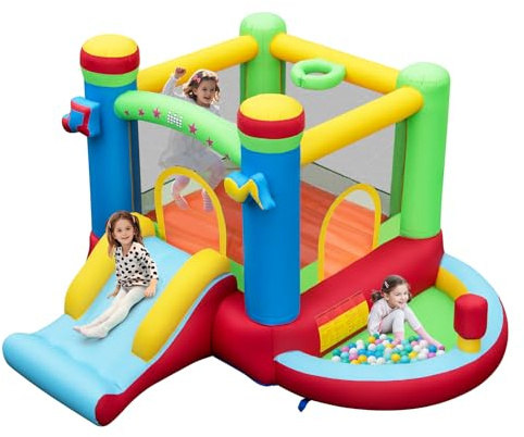 COSTWAY 5 en 1 Castillo Hinchable para Niños, Castillo Hinchable con Tobogán y Canasta de Baloncesto, 294 x 290 x 190 cm, Insuflavel Crianças para Niños de 3 a 12 Años Interior Exterior, sin Soplador