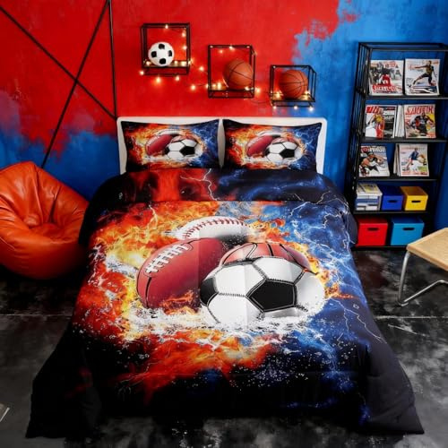 Feelyou Sports Comforter Set for Boys Comforter Set Queen Size Football Baseball Bedding Set for Kids Ultra Soft Ball Games Bedroom Decor with 3D Soccer, Basketball Design