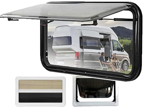 Fensterersatz für Wohnmobile, Klappfenster aus Einschichtglas, Stützwinkel: 65 °, Sicherheitsgitter + Schall-/Wärmedämmung, 3 Griffe + einfach zu bedienende Schalter, für Wohnwagenanhänger,