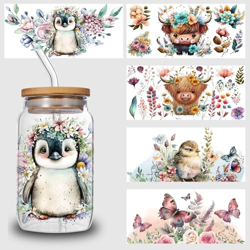 5 Sheets Animal Cow UV DTF Transfer Stickers, for Glass Tumbler, Waterproof Decals, Plastic Adhesive Label for Bottles and Cups Decor (Style2-5 Sheet)