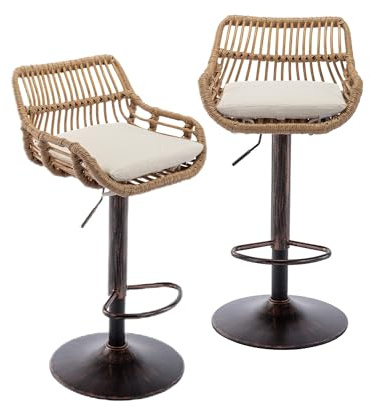 BTYJLEBE Barhocker 2er Set Rattan Höhenverstellbar Outdoor Barstuhl mit Rückenlehne Fußstütze Drehbar Küchenhocker Sitzkissen Tresenhocker Nagelkopfbesatz Bistrohocker Metallfuß Esshocker Beige