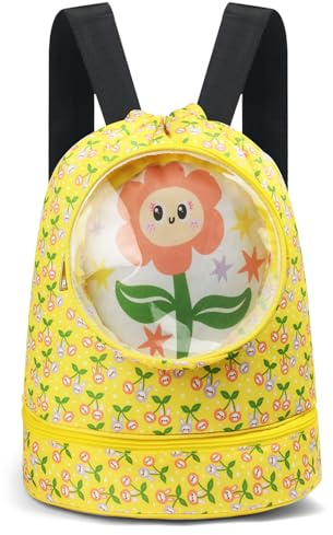 Alaoo Schwimmtasche Kinder, Strandrucksack mit Trennung Schuhfach, Badetasche Kinder, Nasser und Trockener Sportrucksack, wasserdichte Tasche innen,verstellbar Riemen, große Kapazität (Gelb)