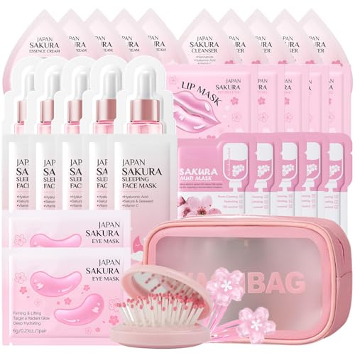 Sakura Skin Care Set for Teenage Girls, Facial Skincare Sets & Kits-Cleanser, Serum, Sleeping Mask, Mud Mask, Eye Mask, Face Cream, Perfectly for Hamper Baskets, Travel Skincare Set 37PCS