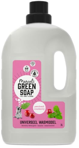 Marcel's Green Soap Detergente universal de pachulí y arándano rojo, 3 L (69 lavados), vegano, sin aceite de palma, sin microplásticos, antimanchas, a partir de 20 °C, botella de reciclaje