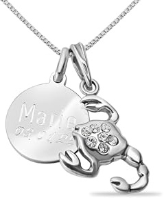 Sternzeichen Kette Skorpion 925 Silber mit Zirkonia & Gravur | Personalisiertes Astrologie Geschenk für Damen & Herren | Talisman für Leidenschaft & Stärke | Inklusive 45cm Kette