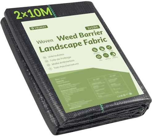 Velway Membrana per Il Controllo delle Erbacce, 2 m x 10 m, Tessuto Anti-Erbacce da Giardino, Copertura per Terreno per Patio, aiuole, Prato Artificiale, sottofondo per vialetto, Ghiaia, Colore Nero