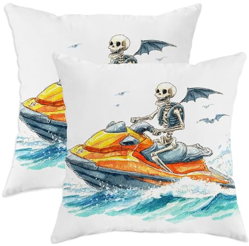 Juego de 2 fundas de cojín de Halloween, esqueleto blanco con alas de murciélago y motos acuáticas, divertidas fundas decorativas cuadradas para decoración del hogar para sofá, cama, 18 x 18 pulgadas