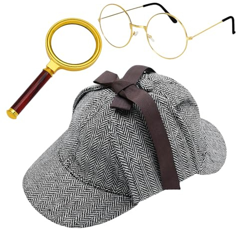 Ldabrye Disfraz de detective con sombrero, gafas y lupas, conjunto de accesorios para Halloween, cosplay, disfraz de detective