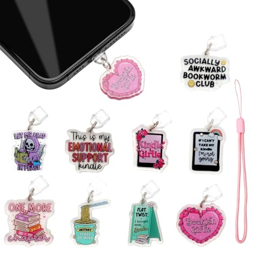 VQBKHO 9 stycken berlocker i akryl med dubbel akryl, dammskydd, plug and laddningsuttag, skydd med rosa telefonkabel, färgglada, för e-läsare, smartphone surfplatta, tillbehör för läsare och