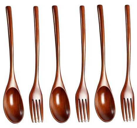 6 Stück Holzbesteck Set, holzgabeln,Hölzern Löffel Gabel Set Holzlöffel Holz Gabeln Lange Griff japanisch Stil Besteck Sets Für Camping Draussen Küche Kochen Abendessen Geschirr