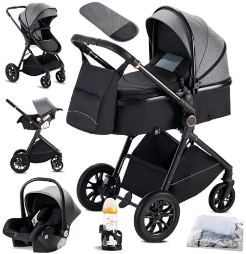 KAVELLIN Kinderwagen 3 in 1 komplettset, Zusammenklappbar Kinderwagen, kombikinderwagen Reisesysteme mit Babyschale 3 in 1 Kinderwagenset for 0-36 Monate, Grau