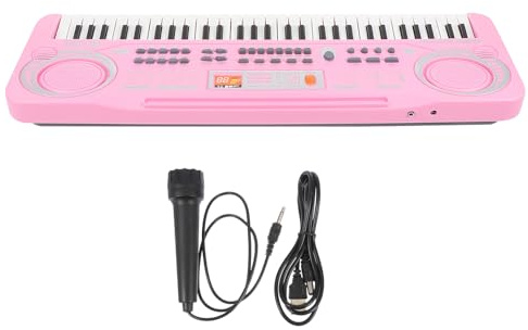 Veemoon Piano Électronique Éducatif pour Garçon et Filles 61 Touches en Plastique Abs Rose Multifonction Microphone, Musical Stimulant Capacités Cognitives, Présent Apprentissage Musical