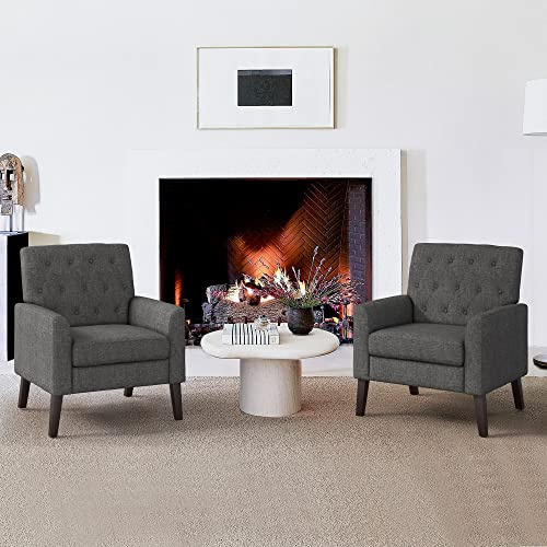 LUE BONA Ohrensessel 2er Set, Sessel Wohnzimmer, Polstersessel, Armchair, Modern Loungesessel mit Knopfsteppung, Lesesessel für Wohnzimmer, Schlafzimmer, Esszimmer, Leinenoptik, Dunkelgrau