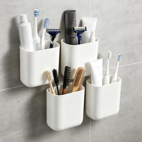 Zahnbürstenhalter Wand 4er Zahnputzbecherhalter Ohne Bohren Selbstklebend | Ablaufloch Gegen Wasserstau,Zahnbürstenhalter kleben Abnehmbar für Bad Organizer, Toothbrush Holder für Familien Badezimmer