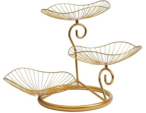 LN Cozy CORNE 3 Tier Fruit Basket – Metal Vegetable Holder – Small Compact Kitchen Countertop Storage Stand – Space-Saving Tiered Organizer for Snacks, Bread, Fruit, Spices (Gold)