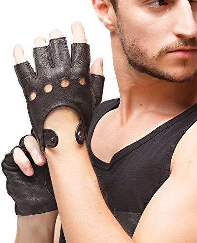 Nappaglo Herren Hirschleder Fingerlose Handschuhe Halbfinger Lederhandschuhe für fahren Motorrad Radfahren Ungefüttert Handschuhe