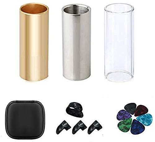 Guitar Slide, Set of 1 Glass Slide, 1 Steel Slide and 1 Brass Guitar Slide, Bonus 6 Pcs Guitar Picks, and 4 Finger Picks