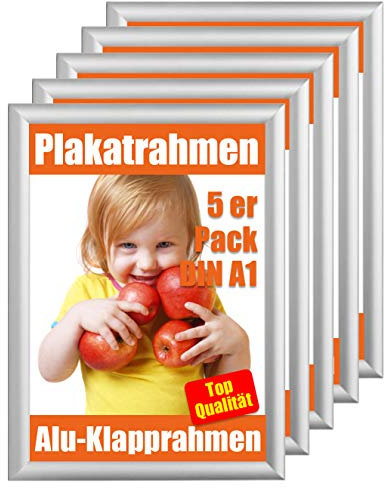 Promo-Station GmbH 5er Pack DIN A1 Klapprahmen, Alu Klapprahmen 5x A1, 5 Stück Plakatrahmen A1, Posterrahmen, Wechselrahmen, Bilderrahmen, Rahmen, Gehrung Silber