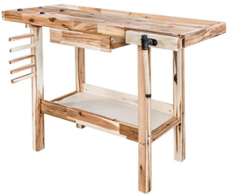 Olympia Tools 48-Inch Acacia Hardwood Workbench with Drawer - 330lbs Weight Capacity Heavy Duty Portable Wood Work Bench Table for Garage, Workshop, Home Storage - Woodworking Wooden Workbenches