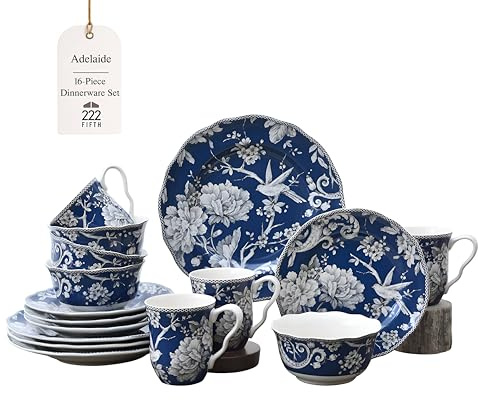 222 Fifth Adelaide 16-Piece Porcelain Dinnerware Set with Round Plates, Bowls, and Mugs, Dark Blue