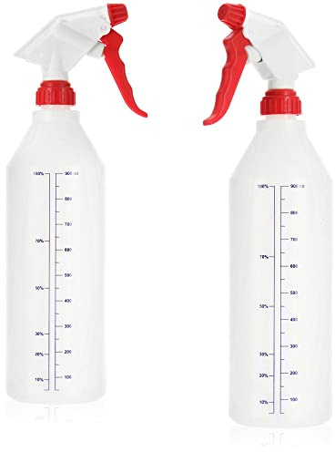 com-four® 2x Flacone spray con scala con filettatura 28/400 per casa, giardino, officina, auto - Atomizzatore da 900 ml con ugello regolabile (Bianco rosso)