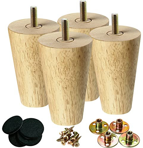 KOIKEY 10cm Wood Sofa Legs Set of 4, Solid Wooden Furniture Legs, DIY Replacement Feet with Mounting Plate & Screws for Cabinet Chair Couch Dresser Table TV Stand, Nature Wood Colour