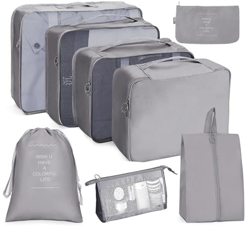 Bansga Koffer Organizer 8 set, Packing Cubes Kofferorganizer Kleidertaschen Schuhbeutel Reiseorganizer Packwürfel Kosmetik Travel Organizer Packtaschen für Koffer -Grey