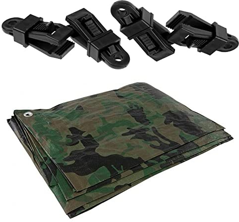 1.5 x 2 m Tarpaulin Waterproof Heavy Duty Cover Camping Ground Sheet Caravan Furniture Multipurpose + 4 Tarp Clips (Camo/Army – 90 GSM)