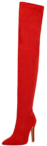 Lizoleor Femmes Aiguille Pointu Botte Hautes Fête Femmes Elegant Stretch Cuissarde Warm Boots Robe Rouge Taille 40 EU/41Cn