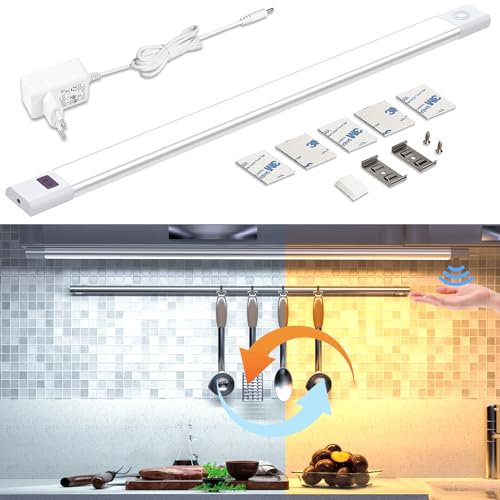 WOBANE Luce LED da cucina sotto mobile regolabile, 5 colori chiari, 60 cm barra luminosa con sensore senza contatto, luci da cucina sotto mobile 12 V, illuminazione a LED per piano
