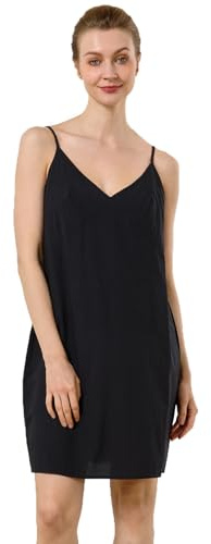 BEAUTELICATE Women's Slips Dress V-Neck Short Full Slip 100% Washed Cotton Underdress Summer Straight Spaghetti Strap Nightdress Nghtie Chemise Black, M