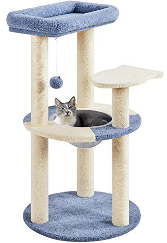 Yaheetech 90 cm Cat Tree Tower with Clear Bowl, Blue/Beige | Cat Climbing Tree, Indoor Cat House, 2 Perches & 2 Scratching Posts, Rremovable Capsule Nest