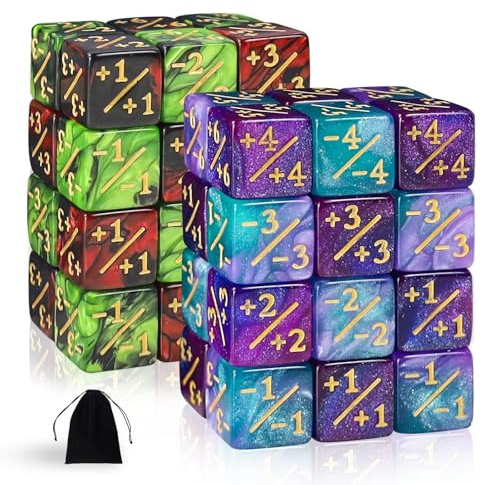 48 Stück MTG Würfelzähler, +1/+6 & -1/-6 Zähler, Glitter Sparkle Würfelset | Token Würfel D6-Würfel, Loyalität Würfel mit Aufbewahrungsbeuteln, Kompatibel mit MTG, CCG, Kartenspiel Zubehör,