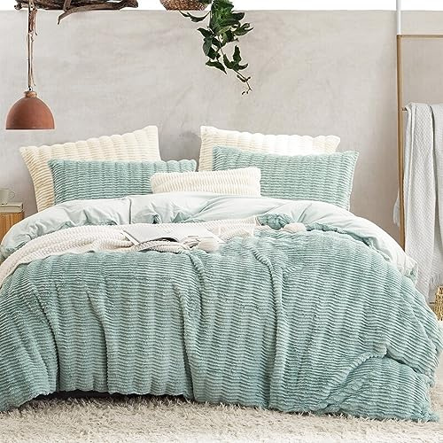 Lanqinglv Plüsch Bettwäsche 135x200 Grün Winter Flauschig Kunstfell Flanell | ÖKO-TEX Zertifiziert,Winterbettwäsche für Allergiker,Cashmere Touch Biber Bettbezug 1 Kissenbezüge 80x80 mit Reißverschluss