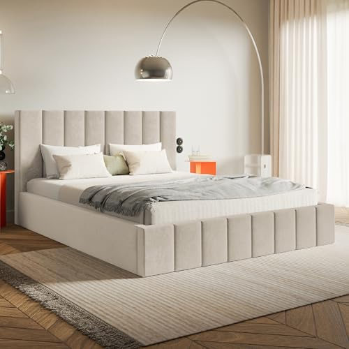 MOTIVENA Ibiza Bett 160x200 Beige Samt, mit Stauraum, mit Kopfteil, mit Lattenrost, ohne Füße, ohne Matratze, Polsterbett 160x200 mit Bettkasten Beige (Creme)