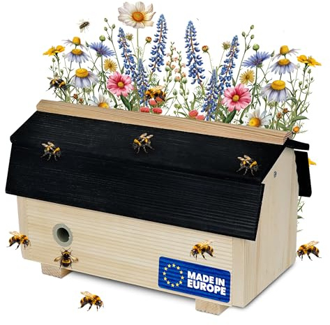 2 Stück Oramics Hummelhaus aus Holz mit wetterfestem Dach – Hummelhotel 29x14x17cm – Hummelkasten mit schwarzem Dach abnehmbar durch lösen von 2 Schrauben, Hummelkasten für den Garten – Insektenhotel